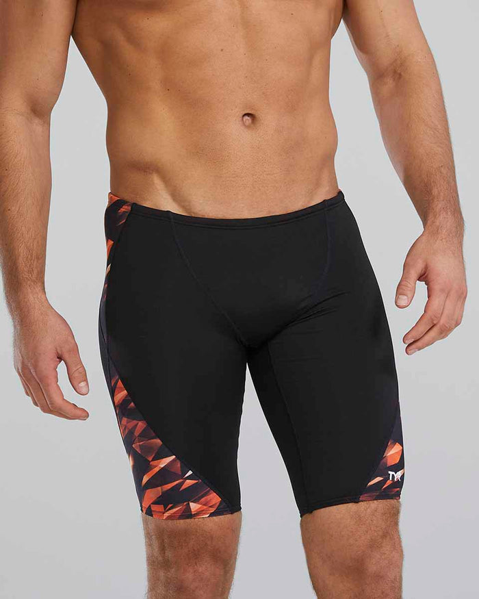 TYR men's Triadic Blade Splice jammer in orange, featuring a sleek design and secure fit for competitive swimming.