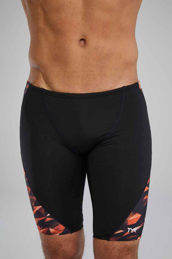 TYR men's Triadic Blade Splice swim jammer in bright orange, designed for competitive swimming and performance training.