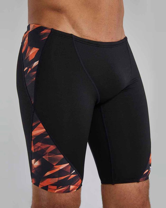 TYR men's Triadic Blade Splice jammer in bright orange, designed for competitive swimming and training.