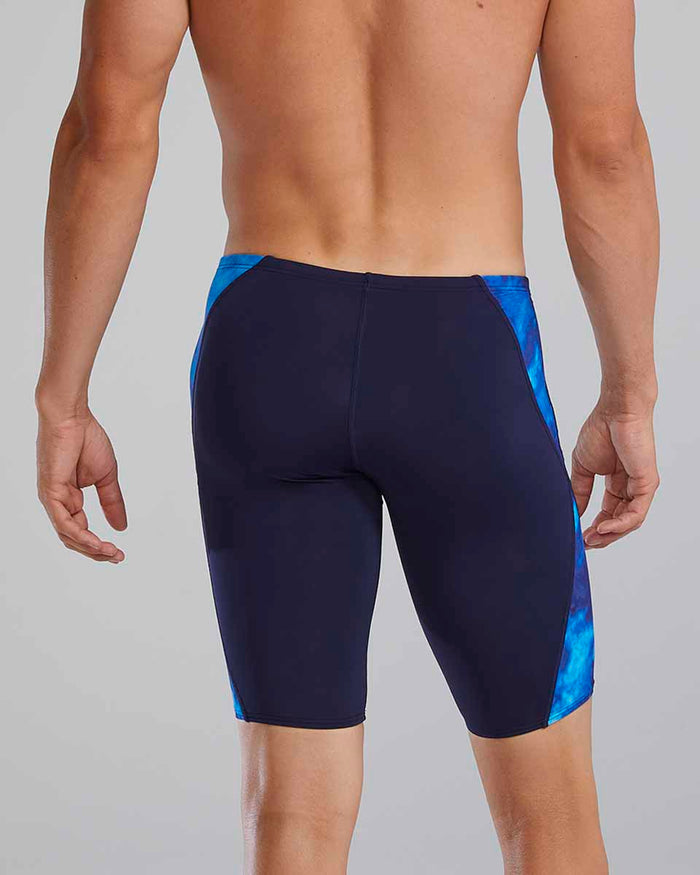 Blue TYR men's Waveform Blade Splice jammer swimsuit, close-up showing fabric and design details