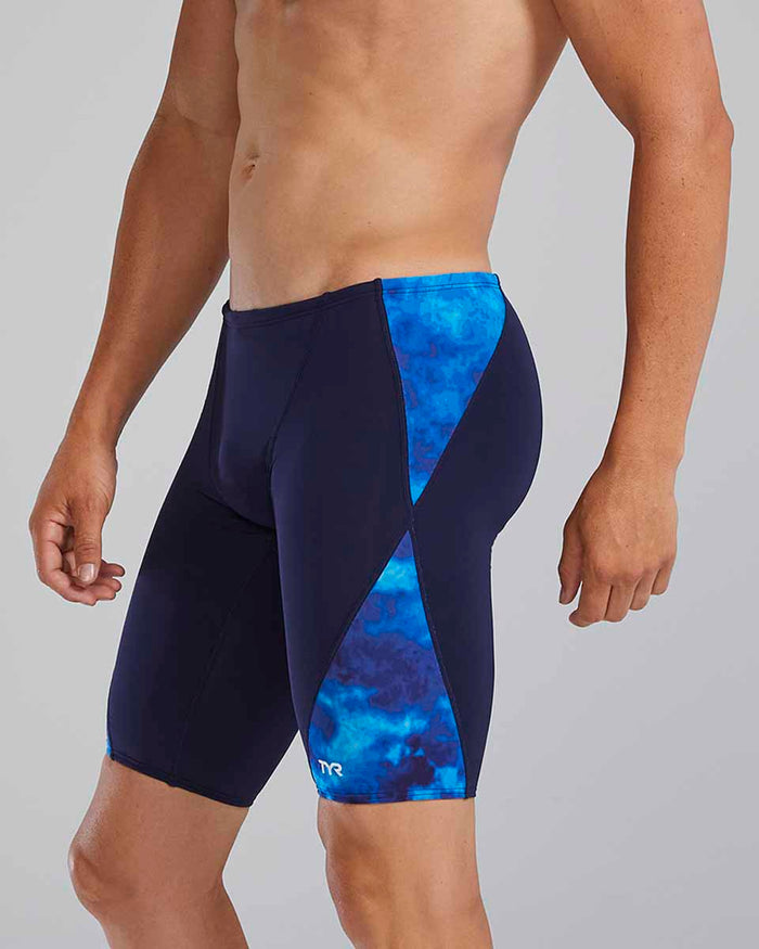 TYR men's Waveform Blade Splice jammer in blue, close-up of the men's swim jammers showing the design and fabric texture.