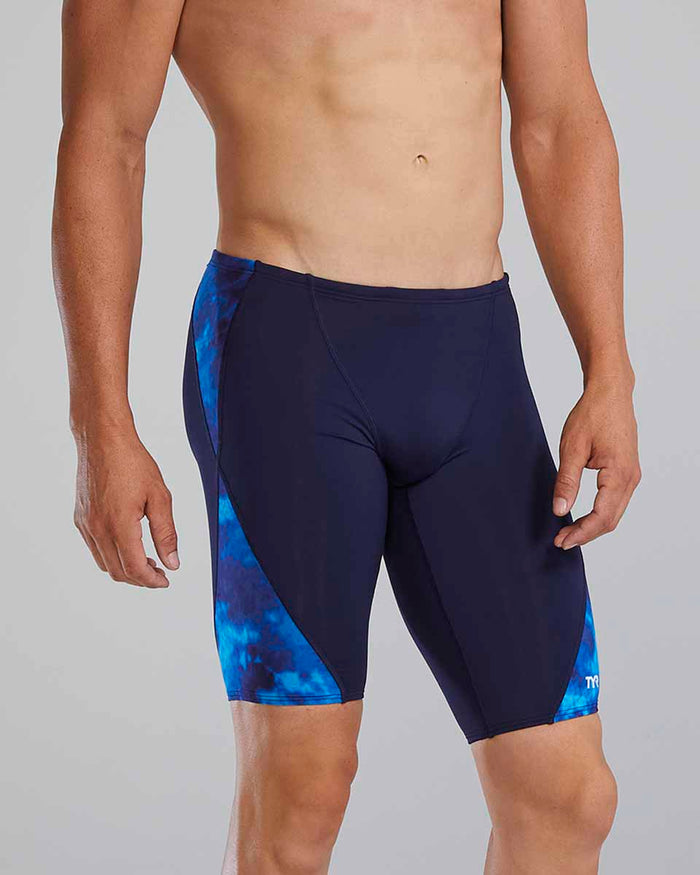 Blue TYR men's Waveform Blade Splice jammer swimsuit with sleek design, ideal for competitive swimming and training.
