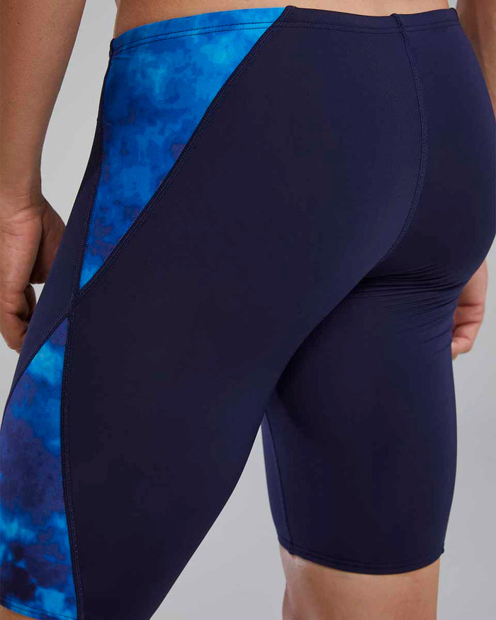TYR men's Waveform Blade Splice jammer in blue, athletic swimwear designed for competitive swimming and training.