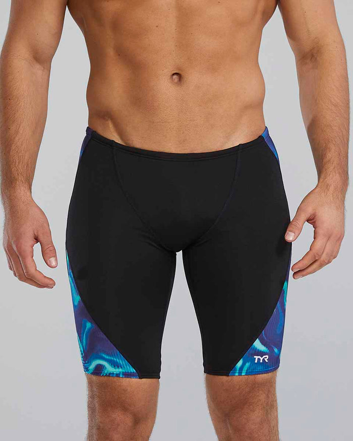 TYR men's Waveform Blade Splice jammer in blue and green, featuring a sleek swimwear design with a comfortable fit.