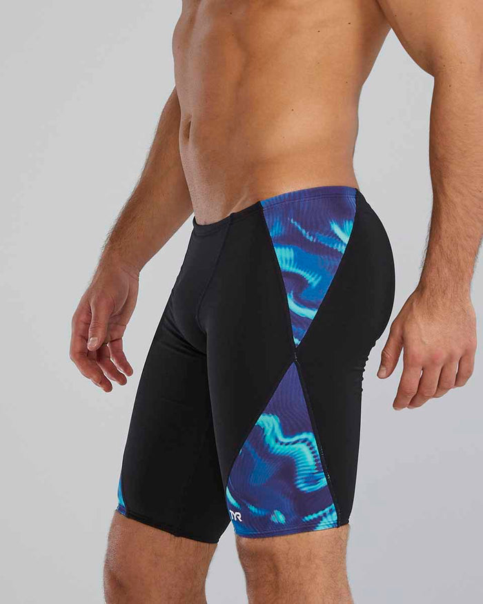 TYR men's Waveform Blade Splice swim jammers in blue and green, designed for competitive swimming and athletic performance.