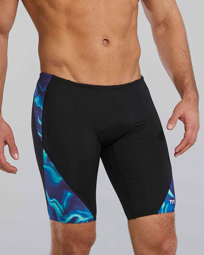 TYR men's Waveform Blade Splice jammer in blue and green, featuring a sleek swimwear design for competitive swimming.