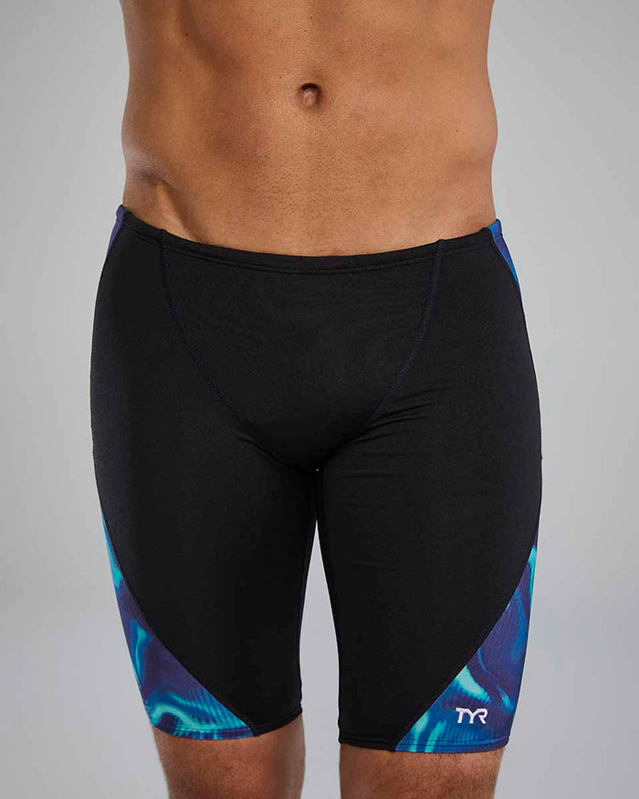 TYR men's Waveform Blade Splice jammer in blue and green, showcasing the sleek swimwear design with patterned fabric and comfortable fit.