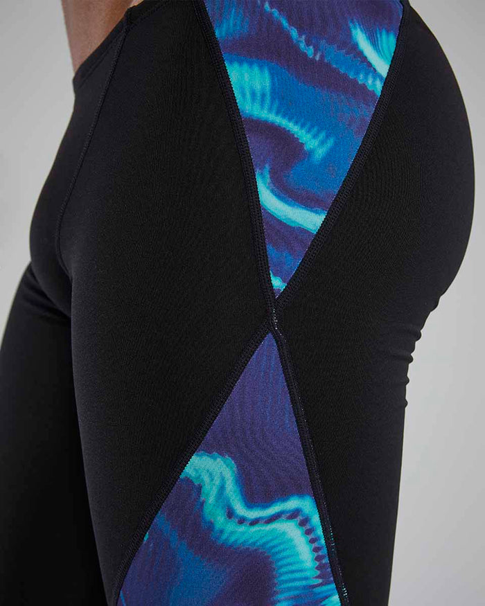 TYR men's Waveform Blade Splice jammer in blue and green, featuring a sleek swimwear design and comfortable fit.