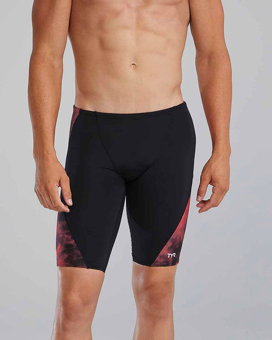 Red TYR men's Waveform Blade Splice jammer swimwear with sleek design and comfortable fit for competitive swimming.