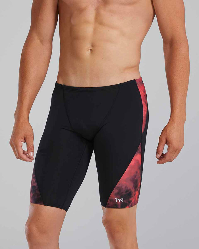 Red TYR Men's Waveform Blade Splice Jammer swimming suit for competitive swim training and racing.