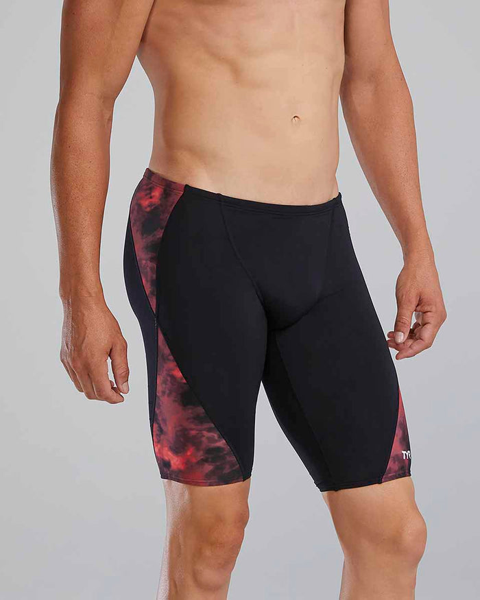 Red TYR men's Waveform Blade Splice jammer, close-up of sleek swim jammers with patterned design and snug fit.