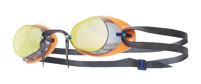 TYR Socket Rockets 2.0 mirrored swimming goggles with adjustable straps and reflective lenses for competitive swimming.