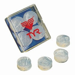 Clear TYR soft silicone ear plugs shown in a close-up, designed for comfortable ear protection and noise reduction.