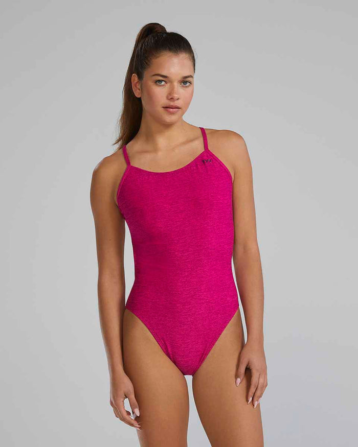 TYR women's magenta lapped cutout swimsuit, sleek design with cutout details, ideal for swimming and active water sports.