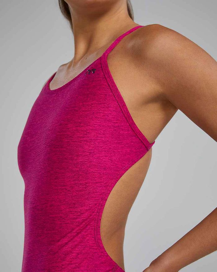 TYR women's magenta lapped cutout swimsuit, sleek one-piece design, suitable for swimming and active water sports.