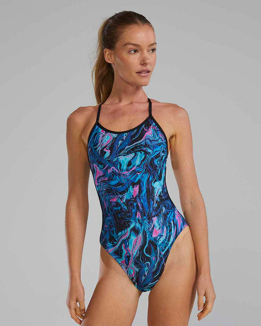 TYR women's Marmaris Crosscutfit tieback swimsuit in blue and pink, featuring a sporty design and secure fit for active swimming.