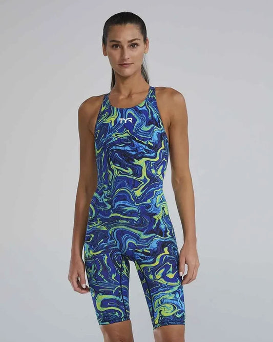 TYR Women's Thresher Hyperblitz openback kneeskin in blue and green, designed for competitive swimming and performance.
