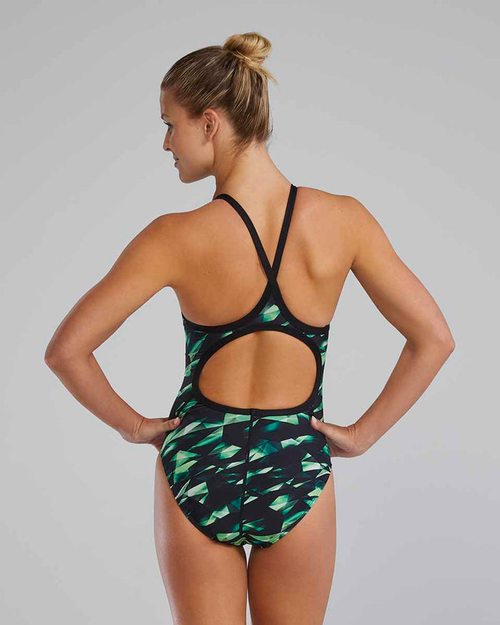 TYR Women's Triadic Diamondfit Swimsuit in green, showcasing the sleek, fitted design and vibrant color for competitive swimming.