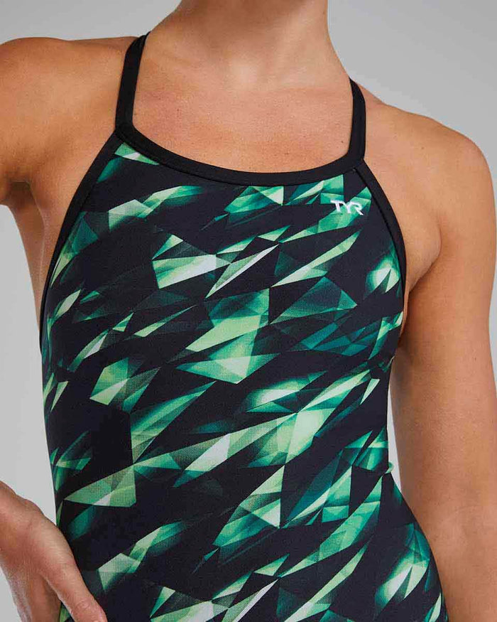 Green TYR Women's Triadic Diamondfit swimsuit showing the fitted one-piece design with diamond pattern and supportive straps.