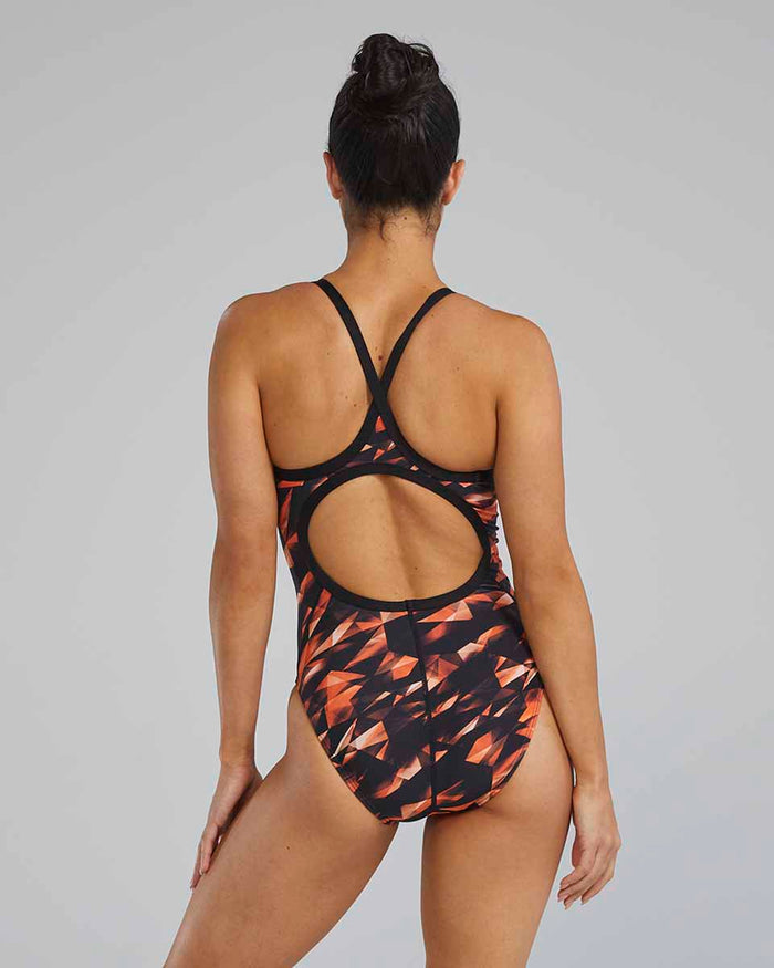 TYR Women's Triadic Diamondfit swimsuit in bright orange, featuring a sleek design and supportive fit for competitive swimming.