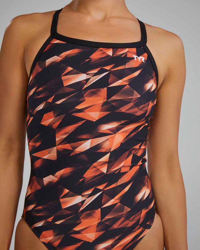 TYR Women's Triadic Diamondfit Swimsuit in vibrant orange, featuring a sleek design and supportive fit for swim training and competition.