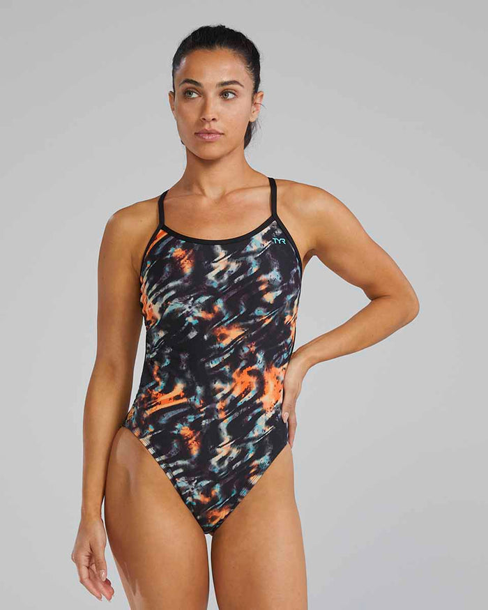 TYR women's Validus Crosscutfit tieback swimsuit in orange, aqua, and black, featuring a sleek design for swimming and training.