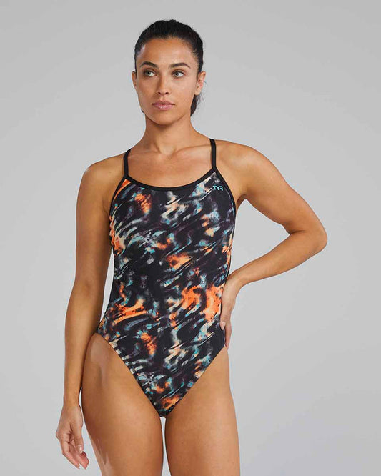 TYR women's Validus Crosscutfit tieback swimsuit in orange, aqua, and black, featuring a sleek design for swimming and training.
