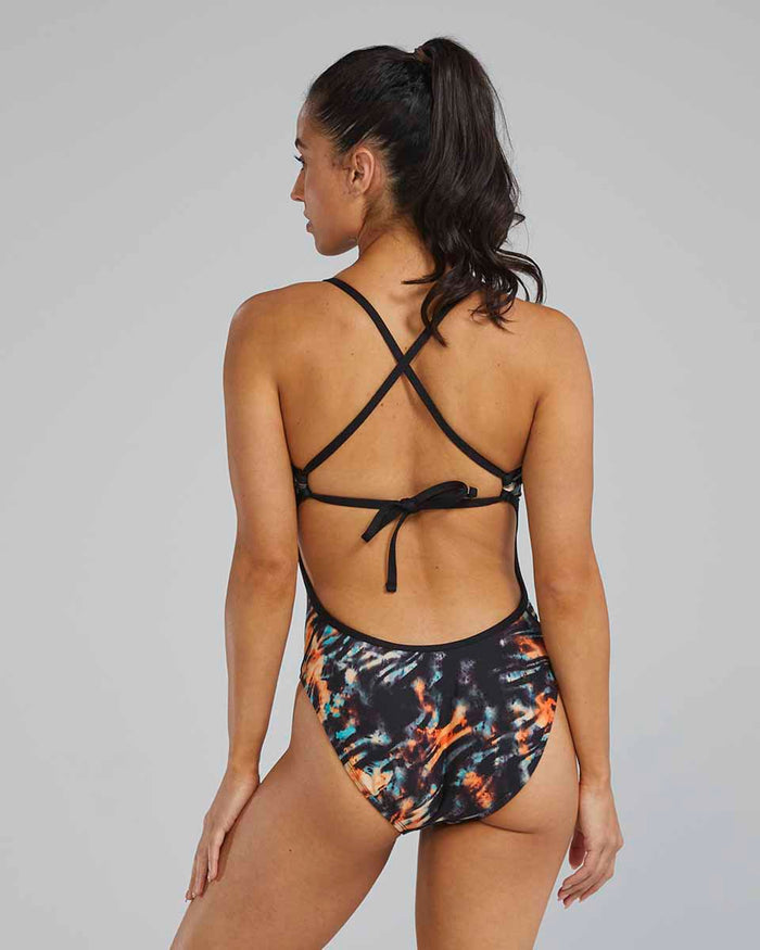 TYR Women's Validus Crosscutfit Tieback Swimsuit in orange, aqua, and black with a sporty design and tieback detail.