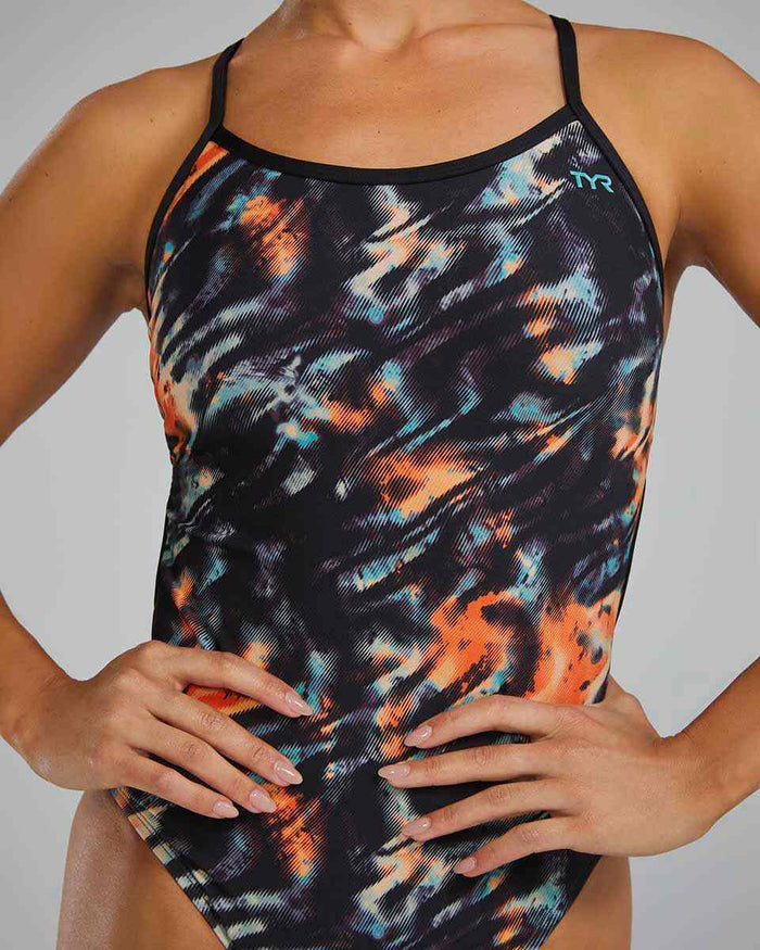 TYR women's Validus Crosscutfit tieback swimsuit in orange, aqua, and black, featuring a sleek, sporty design for swim training and performance.