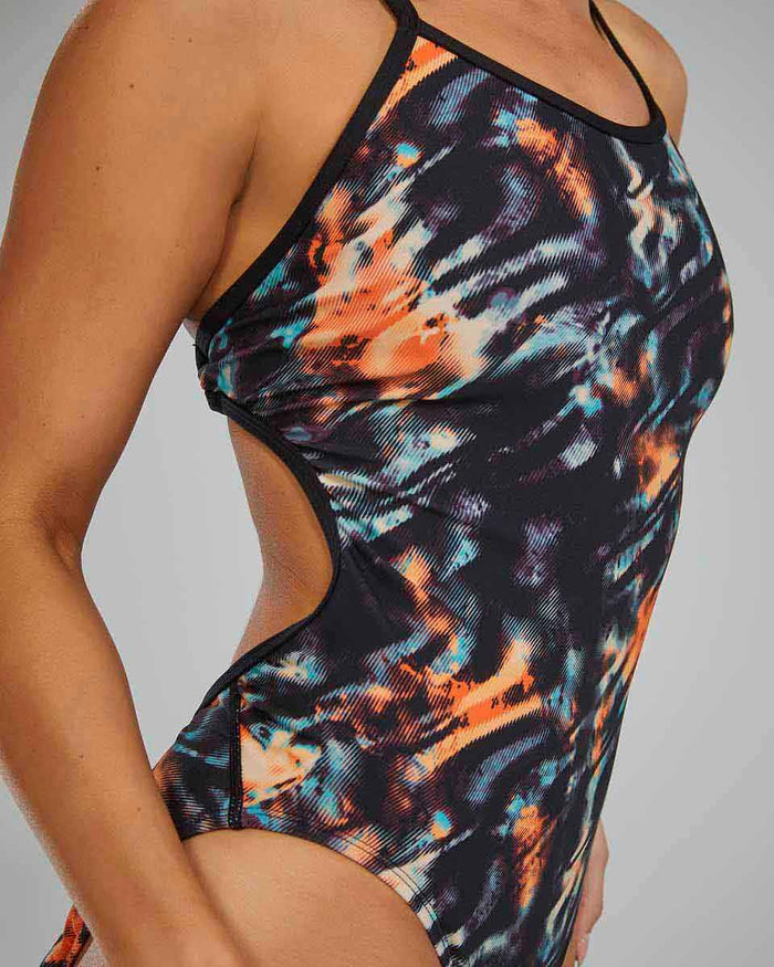 TYR women's Validus Crosscutfit tieback swimsuit in orange, aqua, and black, featuring a sporty design and secure fit for swimming.