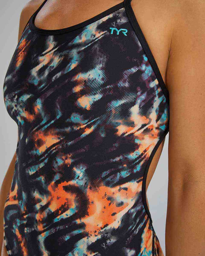 TYR Women's Validus Crosscutfit Tieback Swimsuit in orange, aqua, and black featuring a sleek design and secure fit.
