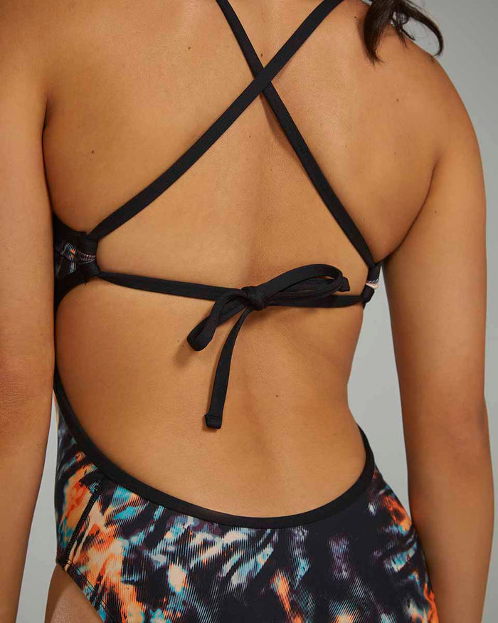 TYR Women's Validus Crosscutfit Tieback Swimsuit in orange, aqua, and black featuring a stylish, supportive design for active swimming.
