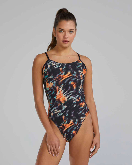 TYR women's Validus cutout swimsuit in orange, aqua, and black, featuring a stylish, athletic design for swimming and activewear.