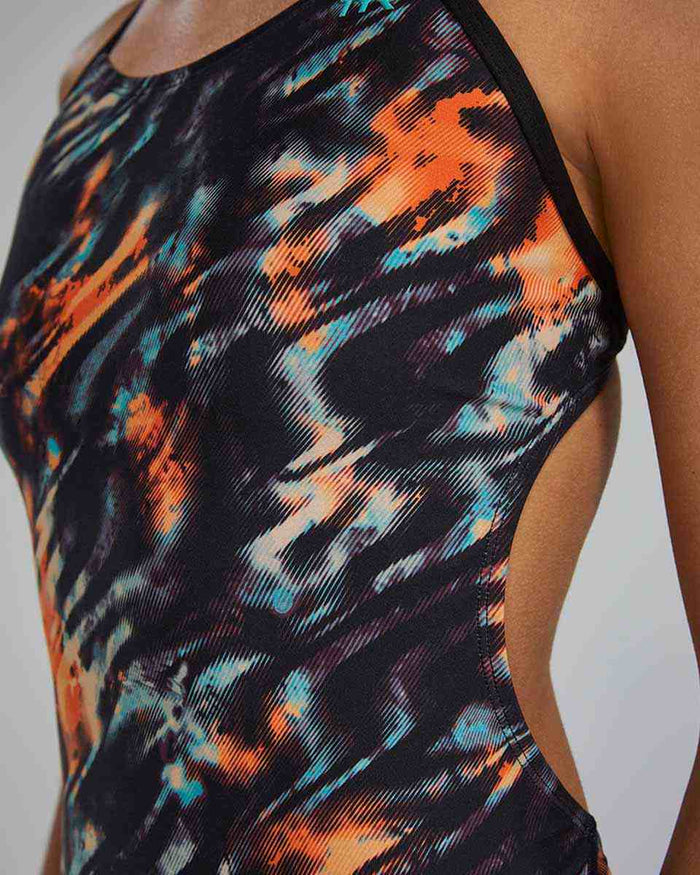 TYR Women's Validus Cutoutfit swimsuit in orange, aqua, and black with stylish cutout design, perfect for competitive swimming.