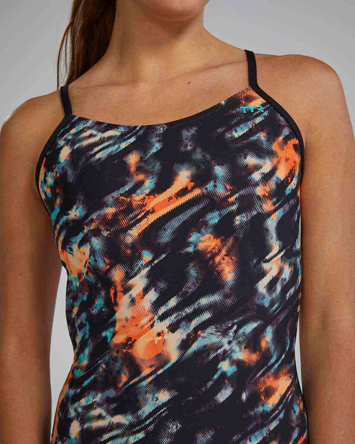 TYR Women's Validus Cutoutfit Swimsuit in orange, aqua, and black, featuring a sporty design and cutout details for active swimming.