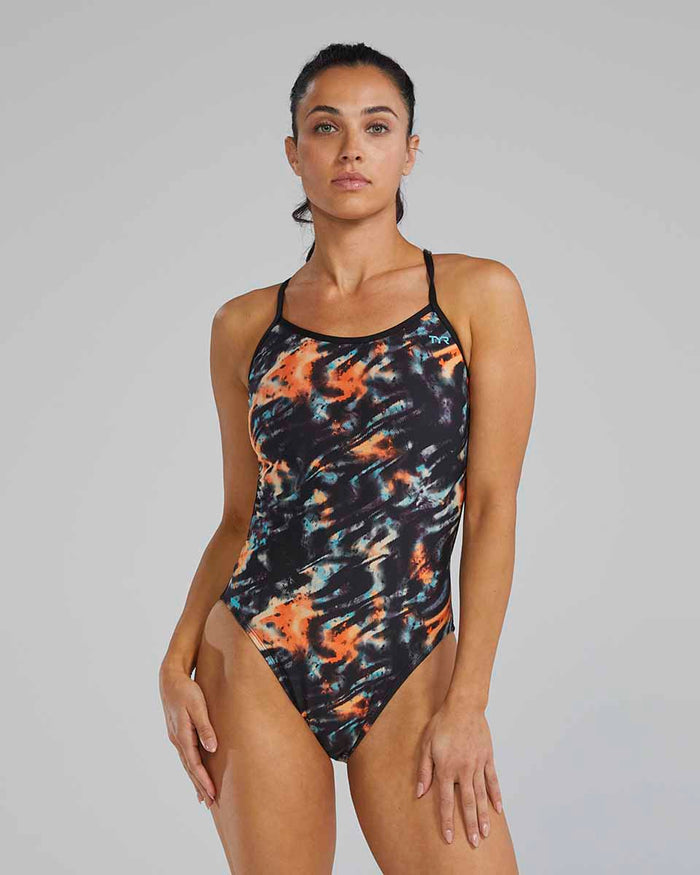 TYR women's Validus Trinityfit swimsuit in orange, aqua, and black with a sleek design and supportive fit.