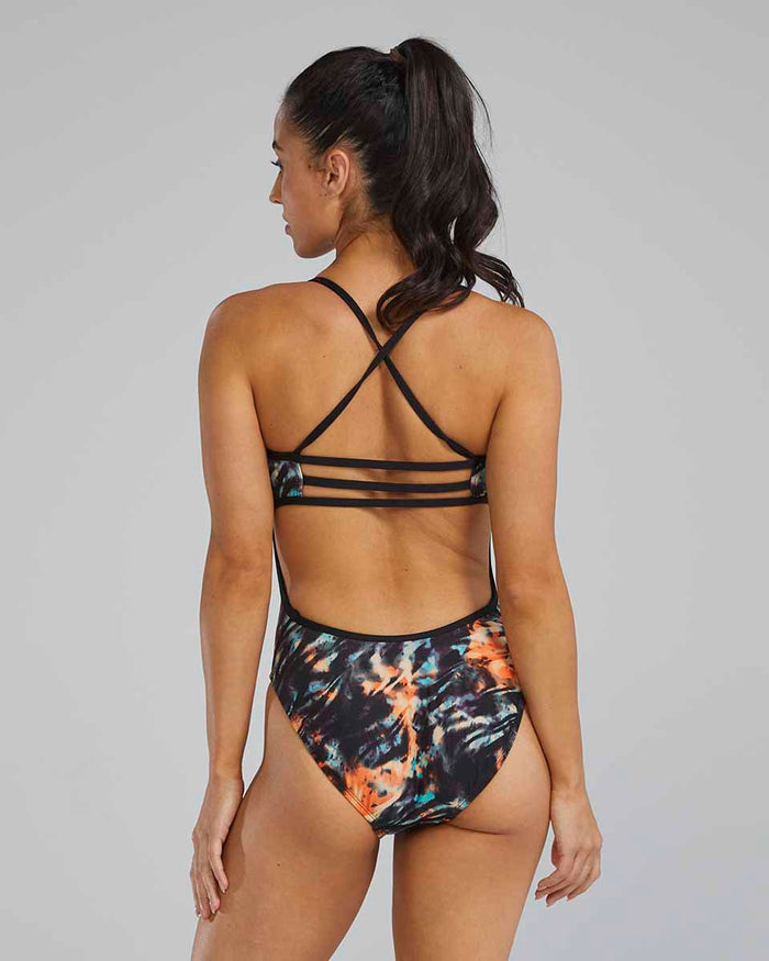 TYR women's Validus Trinityfit swimsuit in orange, aqua, and black featuring a sleek design suitable for competitive swimming.