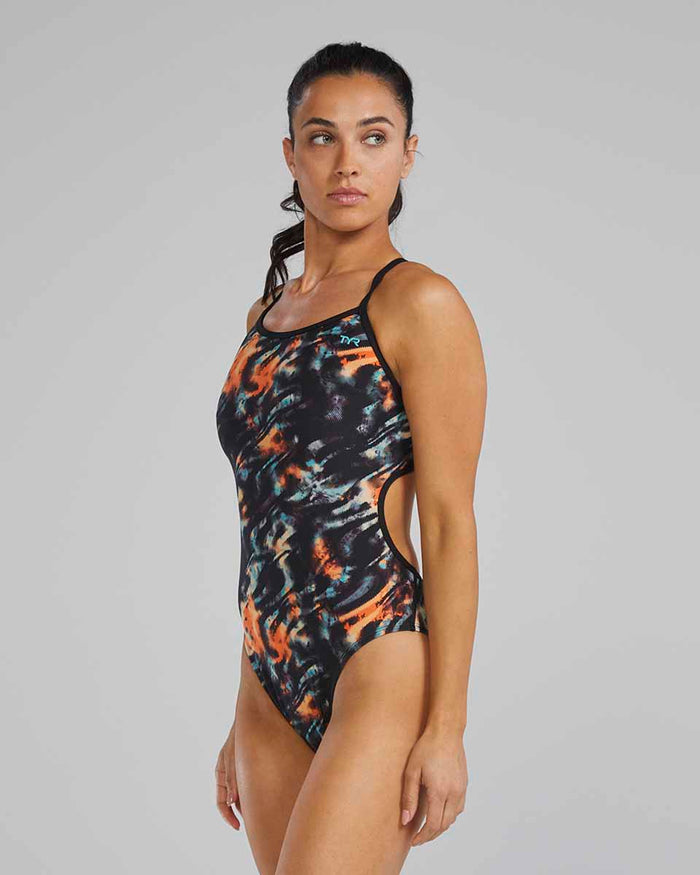 TYR women's Validus Trinityfit swimsuit in orange, aqua, and black showing the sleek, fitted swimwear design for women.