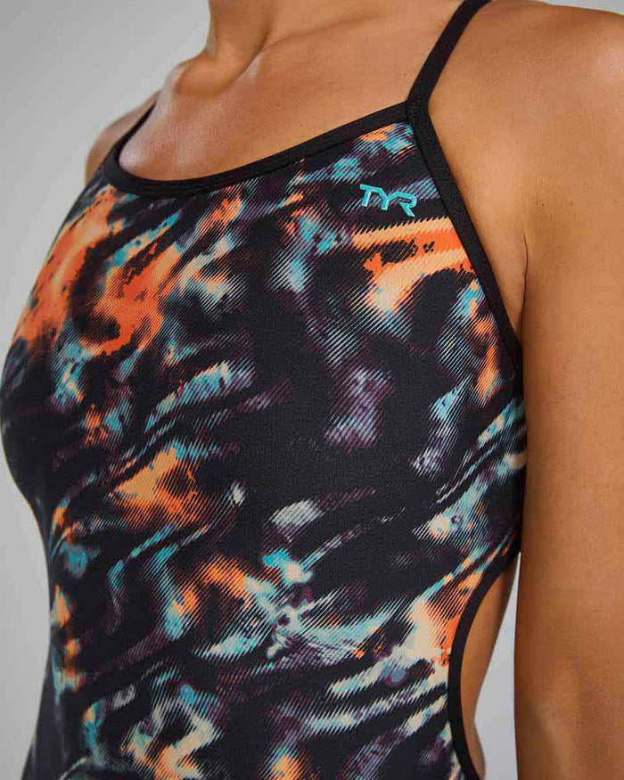 TYR Women's Validus Trinityfit Swimsuit in orange, aqua, and black with a sleek, fitted design for competitive swimming.