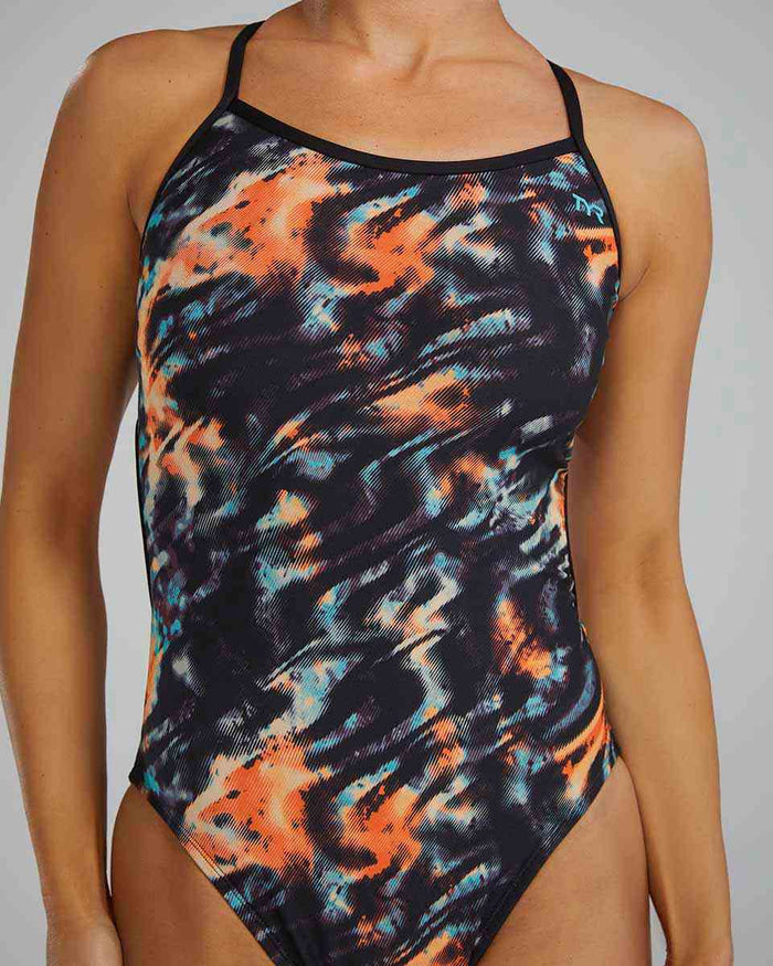 TYR women's Validus Trinityfit swimsuit in orange, aqua, and black with a sleek design, ideal for competitive swimming.