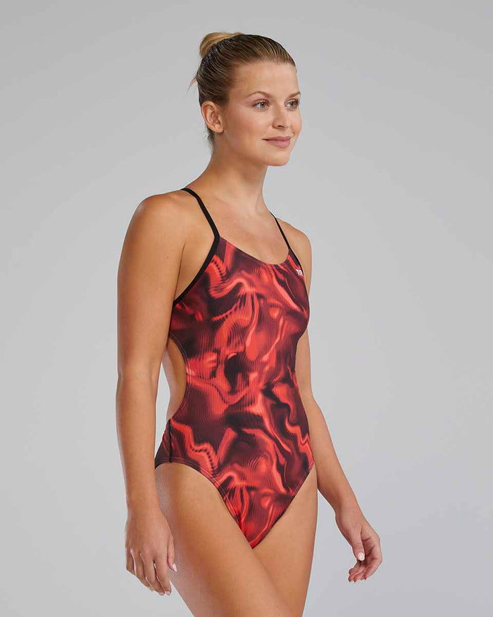 Red TYR women's Waveform Cutoutfit swimsuit showing the sleek, cutout design and athletic fit for swimming and water activities.