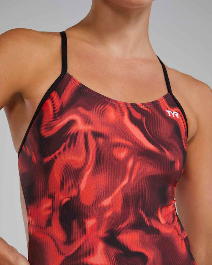 Red TYR Women's Waveform Cutoutfit Swimsuit showcasing sleek design and cutout details, ideal for swimwear enthusiasts.