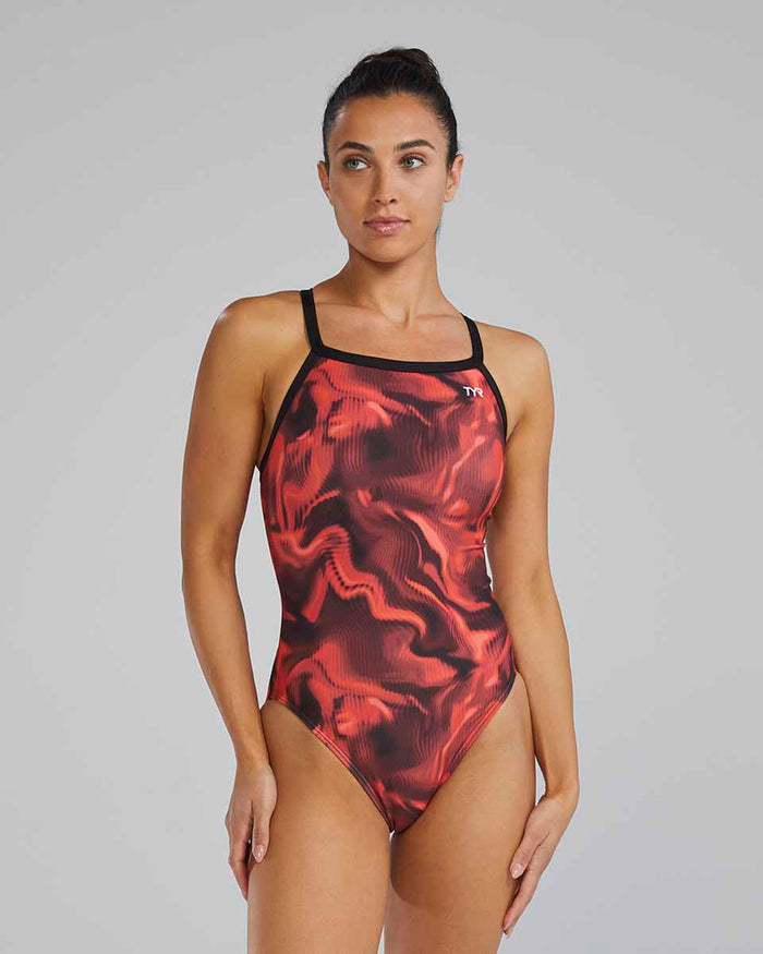 Red TYR Women's Waveform Diamondfit swimsuit with stylish cut and supportive fit, designed for competitive and leisure swimming.