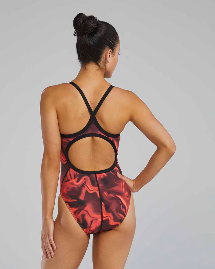 Red TYR Women's Waveform Diamondfit swimsuit with sleek design, perfect for competitive and recreational swimming.
