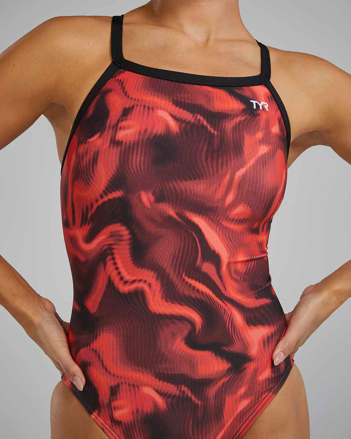 Red TYR Women's Waveform Diamondfit Swimsuit with sleek design and supportive fit, perfect for competitive and recreational swimming.
