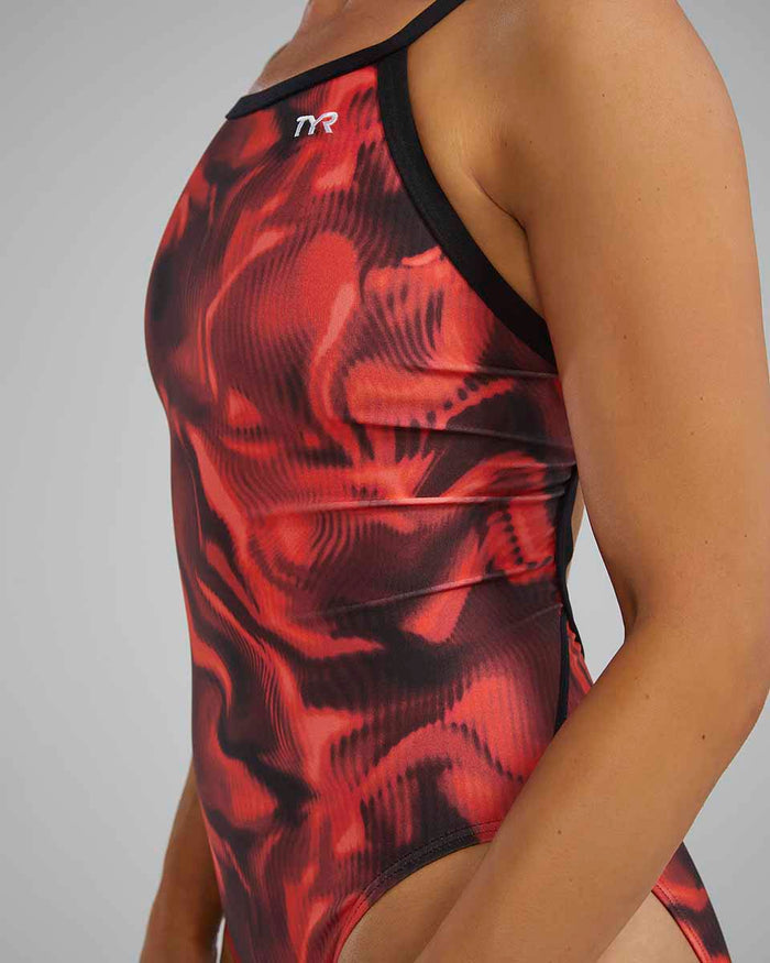 Red TYR Women's Waveform Diamondfit swimsuit with sleek design, perfect for competitive and recreational swimming.