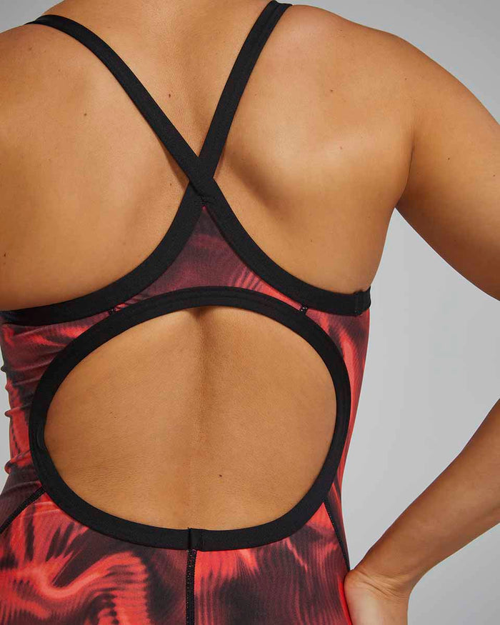 Red TYR Women's Waveform Diamondfit swimsuit with sleek design, ideal for competitive swimming and training.