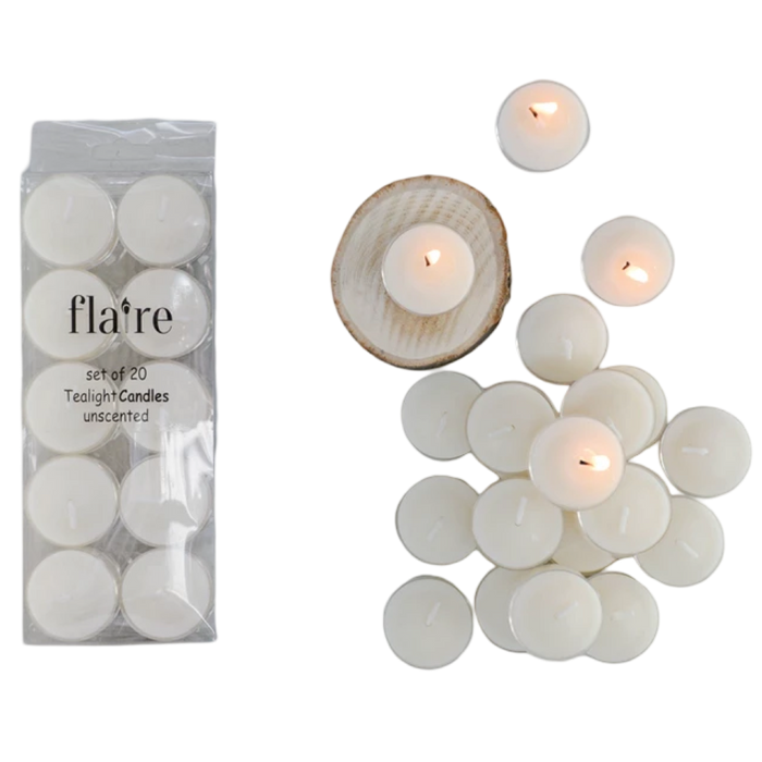 Set of 20 unlit white tealight candles with a 'flaire' packaging on a white background.