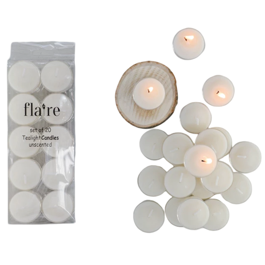 Set of 20 unlit white tealight candles with a 'flaire' packaging on a white background.