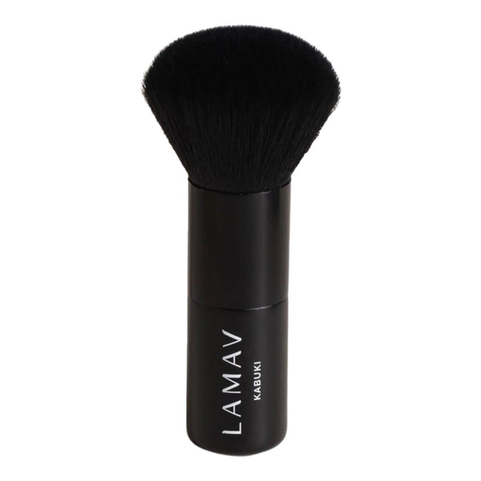 Black vegan kabuki brush with densely packed bristles.